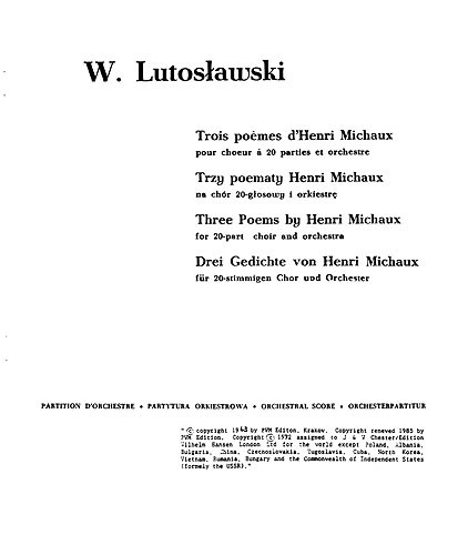 Witold Lutoslawski: Trois Poemes D'henri Michaux (Score)