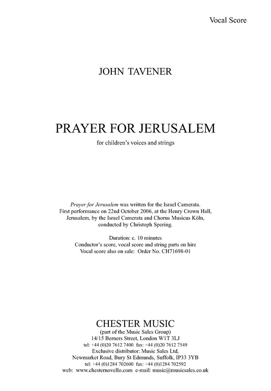 John Tavener: Prayer For Jerusalem (Children's Voices/Piano)