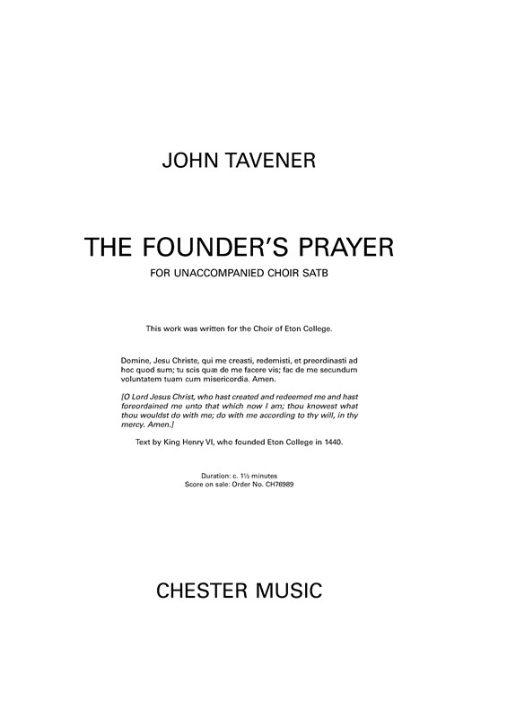 John Tavener: The Founder's Prayer (Vocal Score)