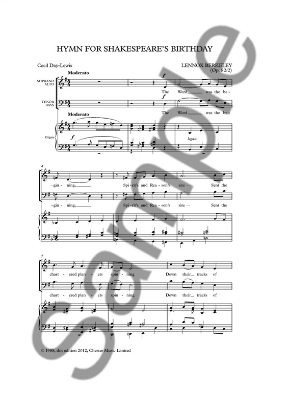 Lennox Berkeley: Hymn For Shakespeare's Birthday (SATB/Organ)