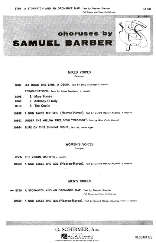 Samuel Barber: A Stopwatch And An Ordnance Map For Full Chorus And Three Kettled