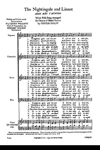 Holst, G The Nightingale And Linnet Satb/Piano (English/Welsh)