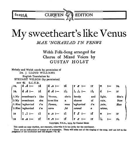 Holst, G My Sweetheart's Like Venus Satb/Tonic