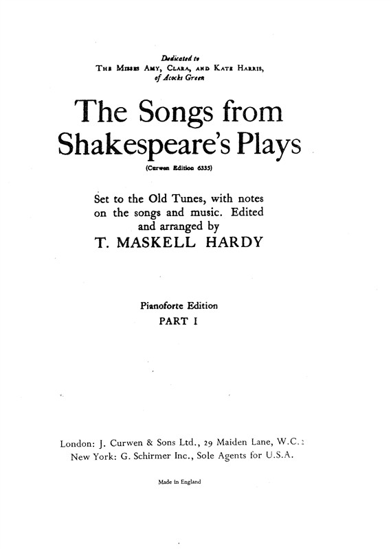 Hardy, T The Songs From Shakespeare's Plays Satb