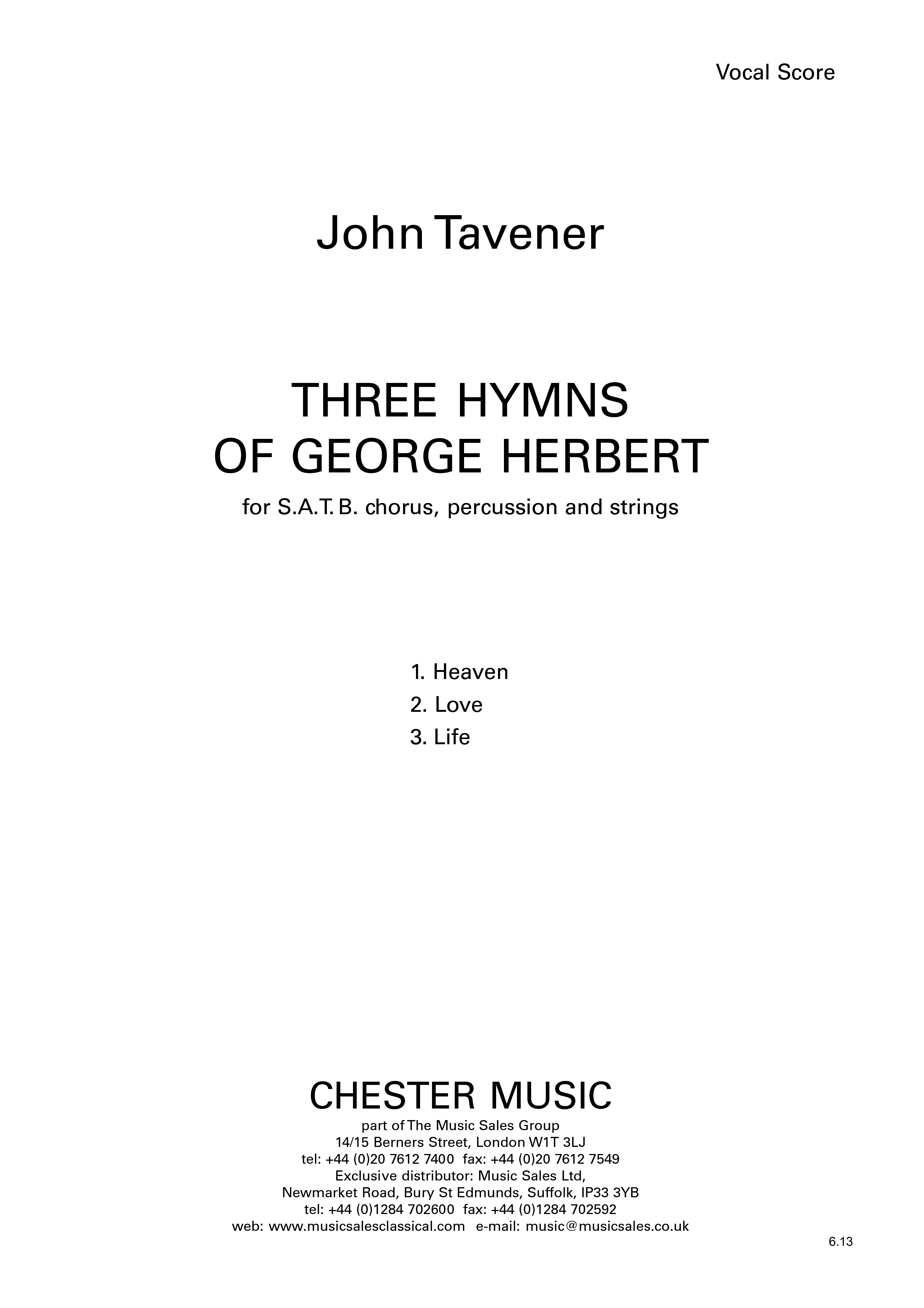 John Tavener: Three Hymns Of George Herbert (Vocal Score)