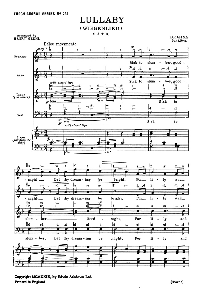 Brahms, J Lullaby (Wiegenlied) Satb/Piano