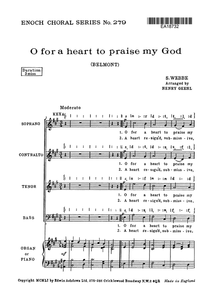 Webbe, S O For A Heart To Praise My God Satb/Pf