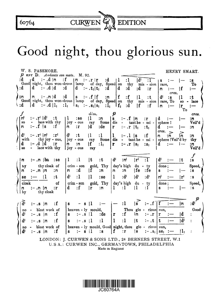 Henry Smart: Good Night, Thou Glorious Sun (Tonic Sol-fa)