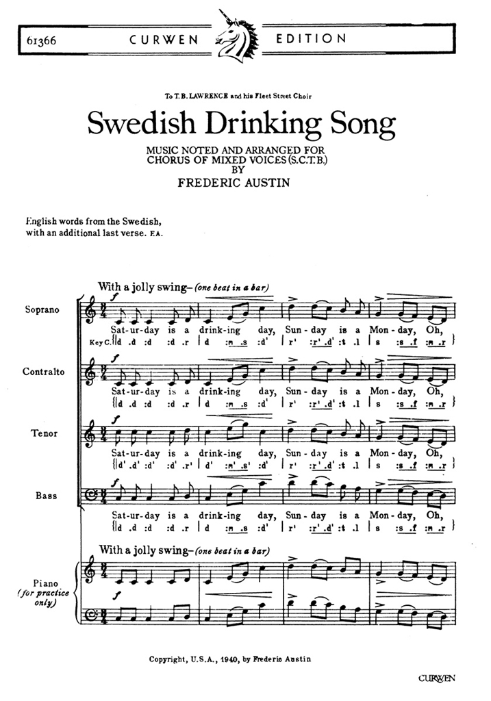 Austin, F Swedish Drinking Song Satb/Piano