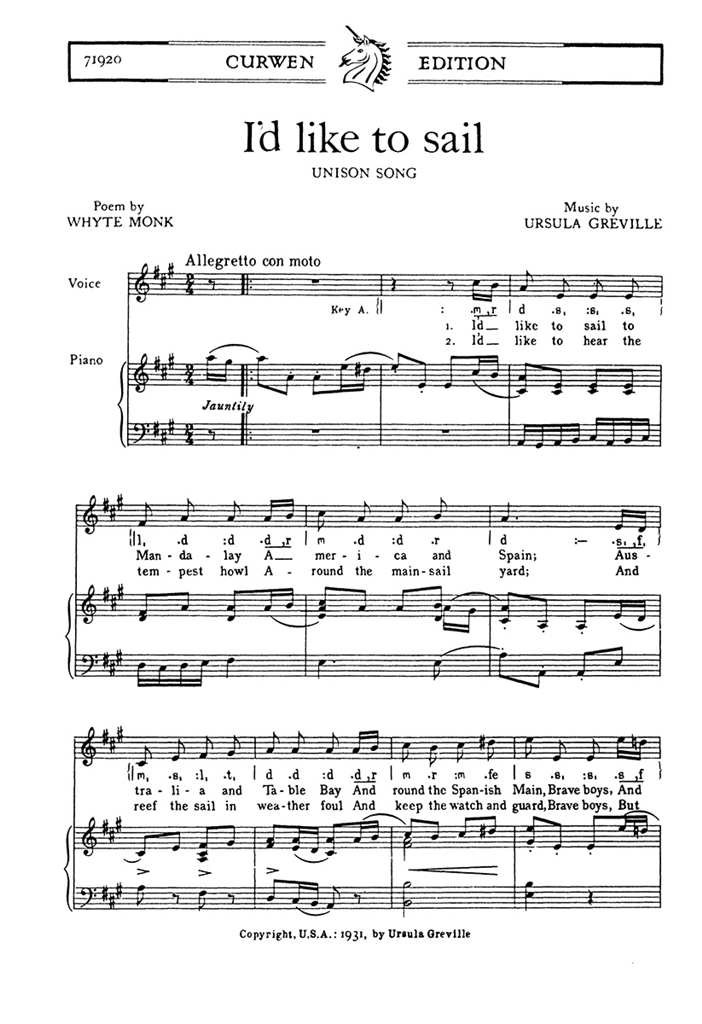 Greville, U I'd Like To Sail Unison/Piano