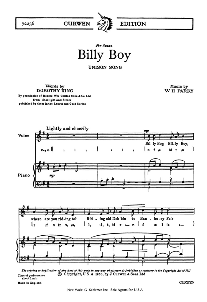 Parry, W Billy Boy Unison/Piano