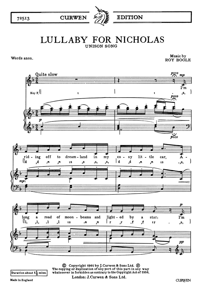 Boole , R Lullaby For Nicholas Unison/Piano