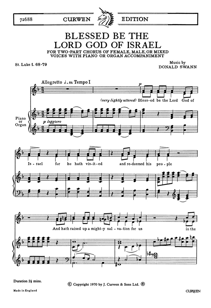 Swann, D Blessed Be The Lord God Of Israel 2pt/Piano