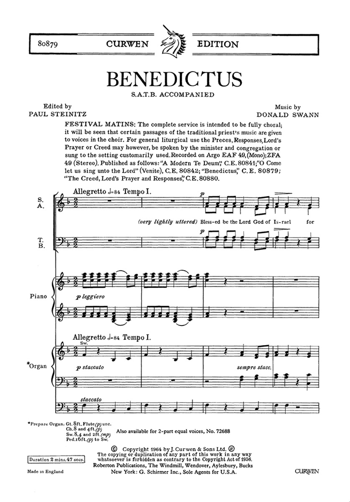 Swann, D Benedictus Satb/Piano Or Organ