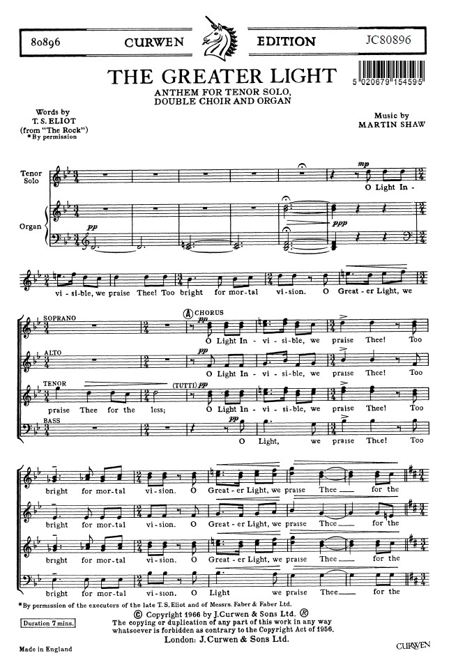 Shaw, M The Greater Light Satb Organ